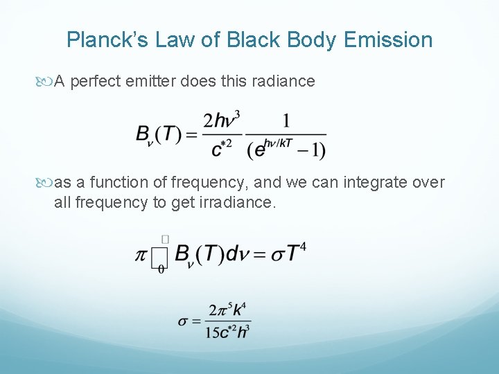 Planck’s Law of Black Body Emission A perfect emitter does this radiance as a Planck’s Law of Black Body Emission A perfect emitter does this radiance as a