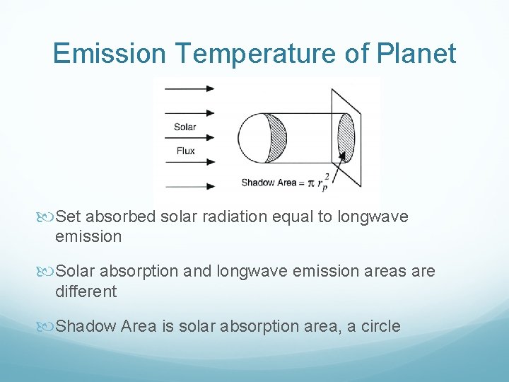 Emission Temperature of Planet Set absorbed solar radiation equal to longwave emission Solar absorption Emission Temperature of Planet Set absorbed solar radiation equal to longwave emission Solar absorption