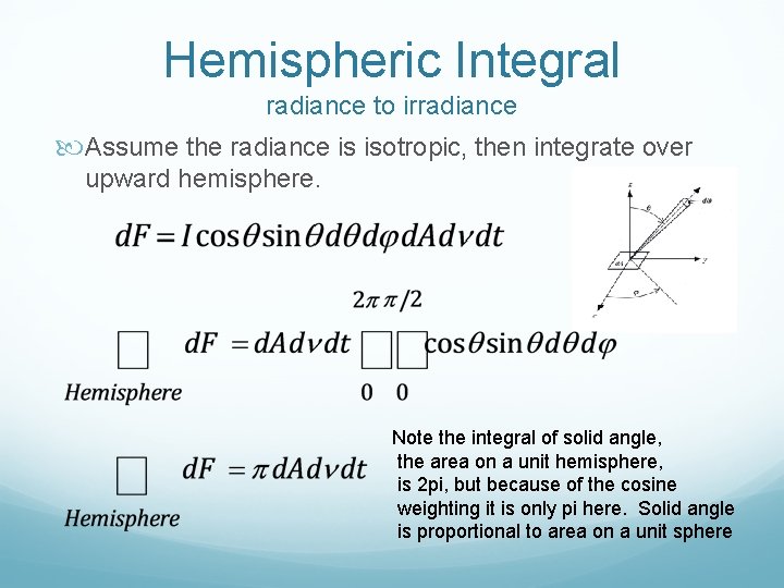 Hemispheric Integral radiance to irradiance Assume the radiance is isotropic, then integrate over upward Hemispheric Integral radiance to irradiance Assume the radiance is isotropic, then integrate over upward