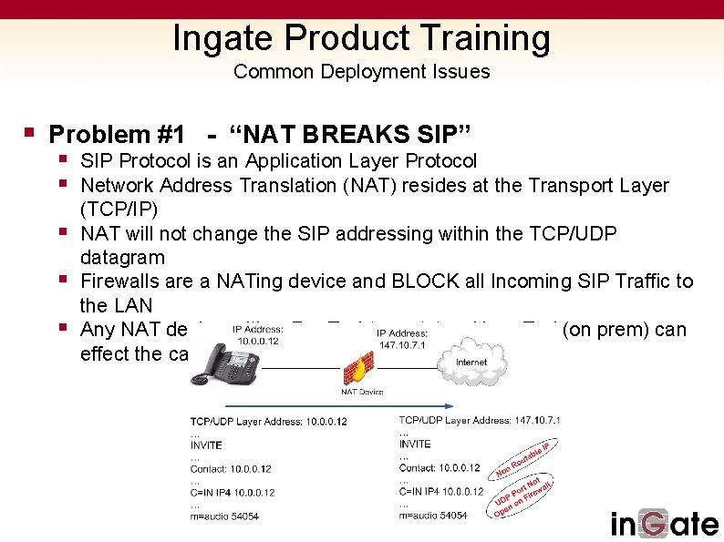 Ingate Product Training Common Deployment Issues § Problem #1 - “NAT BREAKS SIP” §