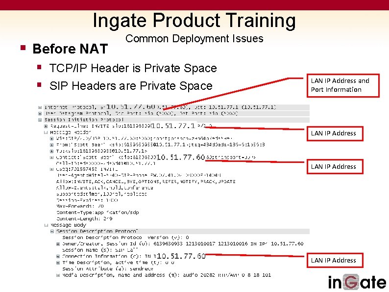 Ingate Product Training § Before NAT Common Deployment Issues § TCP/IP Header is Private