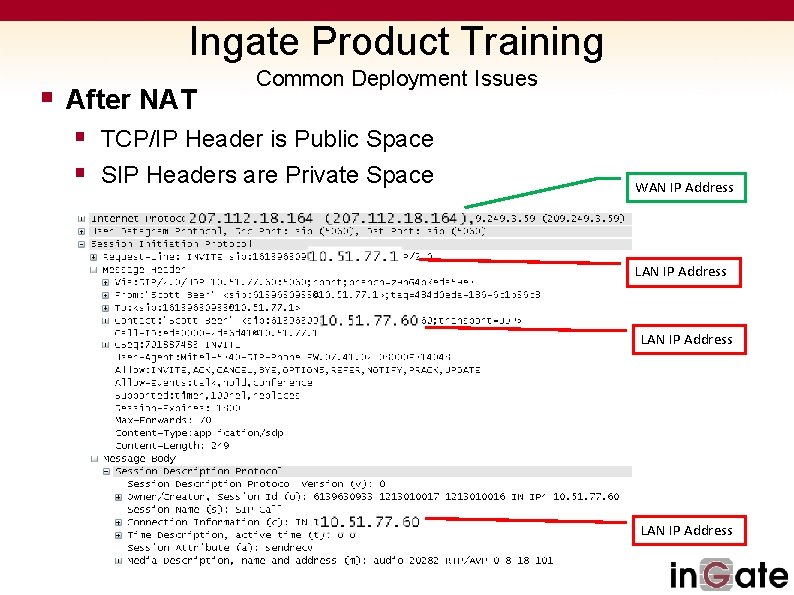 Ingate Product Training § After NAT Common Deployment Issues § TCP/IP Header is Public