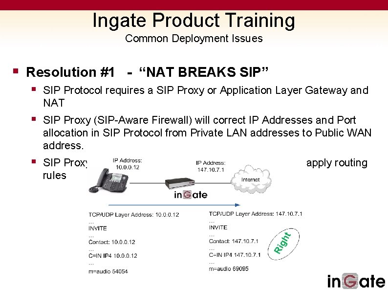 Ingate Product Training Common Deployment Issues § Resolution #1 - “NAT BREAKS SIP” §