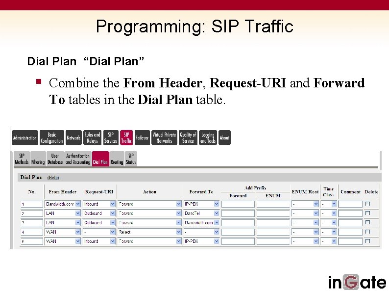 Programming: SIP Traffic Dial Plan “Dial Plan” § Combine the From Header, Request-URI and