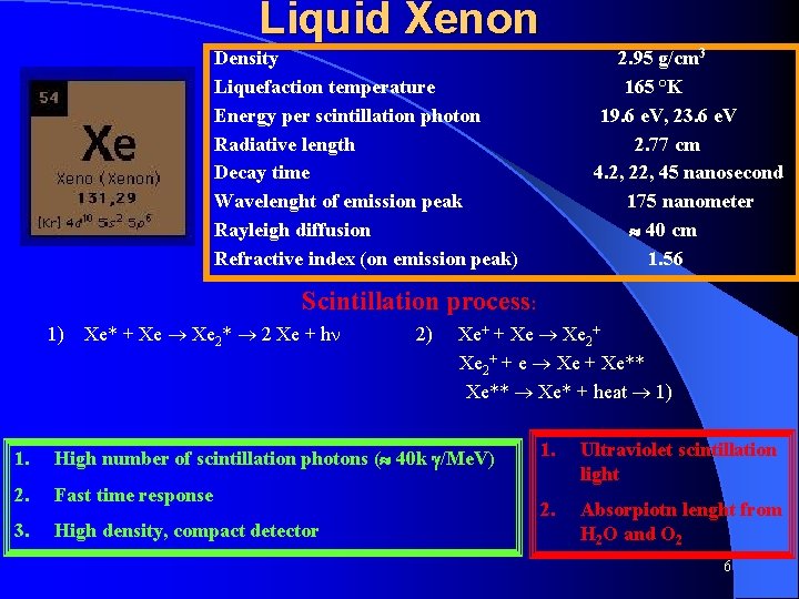 Liquid Xenon Density Liquefaction temperature Energy per scintillation photon Radiative length Decay time Wavelenght