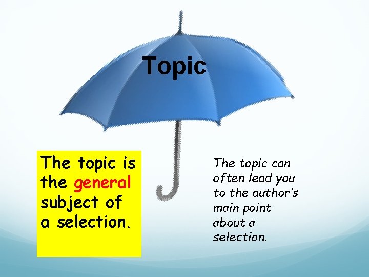 Topic The topic is the general subject of a selection. The topic can often Topic The topic is the general subject of a selection. The topic can often
