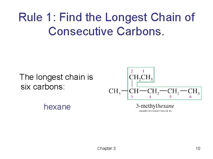 Rule 1: Find the Longest Chain of Consecutive Carbons. The longest chain is six