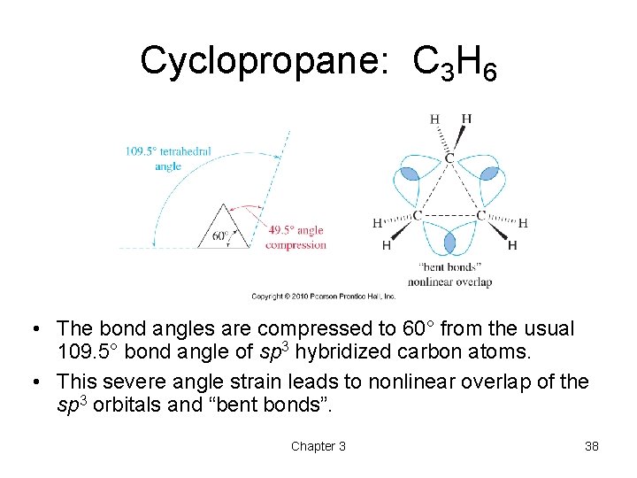 Cyclopropane: C 3 H 6 • The bond angles are compressed to 60° from