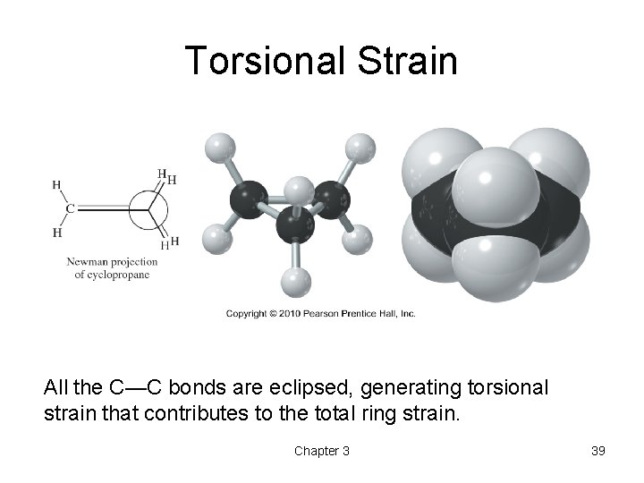 Torsional Strain All the C—C bonds are eclipsed, generating torsional strain that contributes to