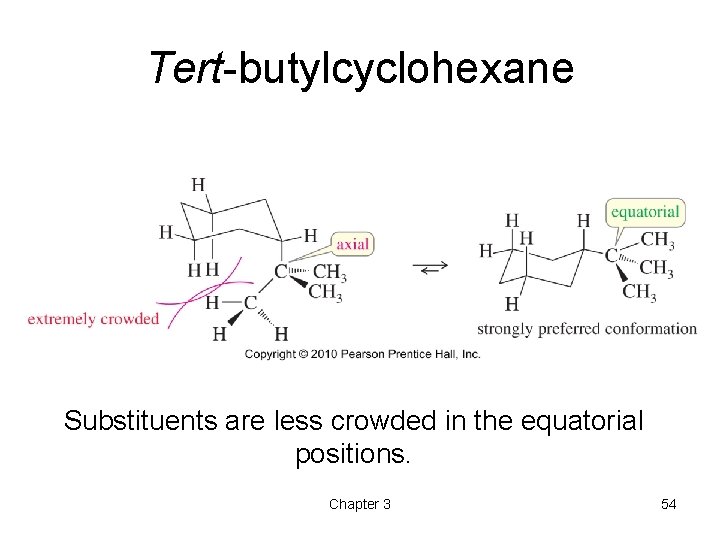 Tert-butylcyclohexane Substituents are less crowded in the equatorial positions. Chapter 3 54 