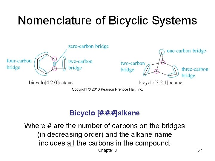 Nomenclature of Bicyclic Systems Bicyclo [#. #. #]alkane Where # are the number of