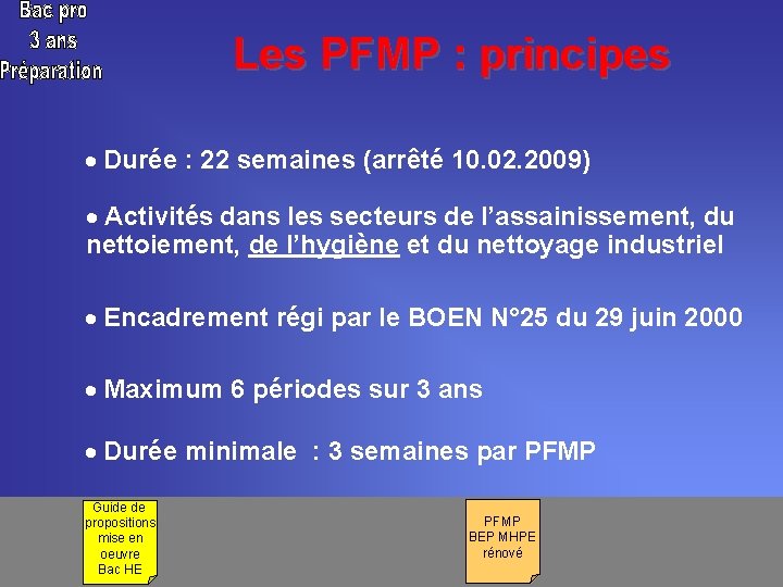 Les PFMP : principes · Durée : 22 semaines (arrêté 10. 02. 2009) ·