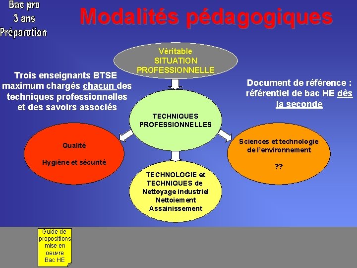 Modalités pédagogiques Trois enseignants BTSE maximum chargés chacun des techniques professionnelles et des savoirs