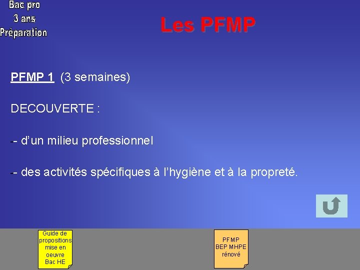 Les PFMP 1 (3 semaines) DECOUVERTE : -- d’un milieu professionnel -- des activités