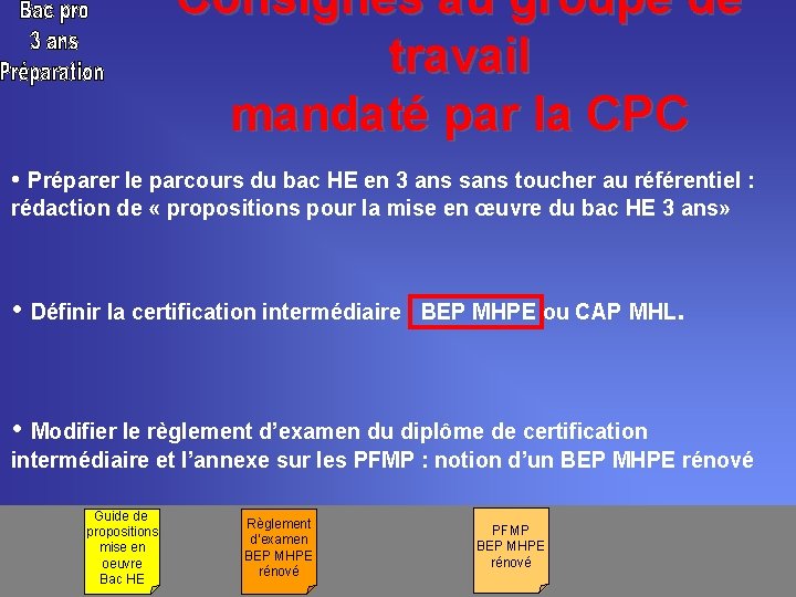 Consignes au groupe de travail mandaté par la CPC • Préparer le parcours du