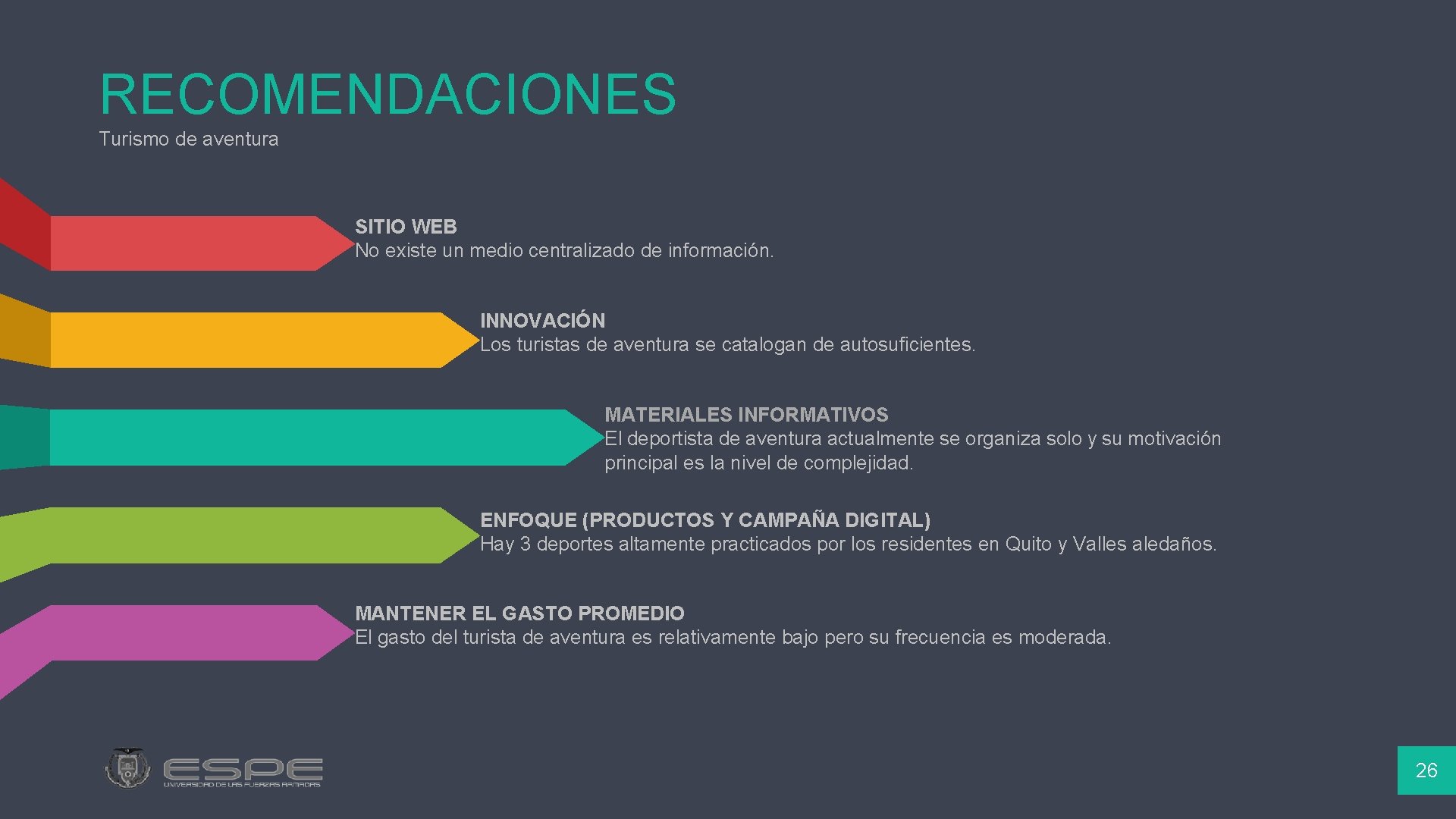 RECOMENDACIONES Turismo de aventura SITIO WEB No existe un medio centralizado de información. INNOVACIÓN