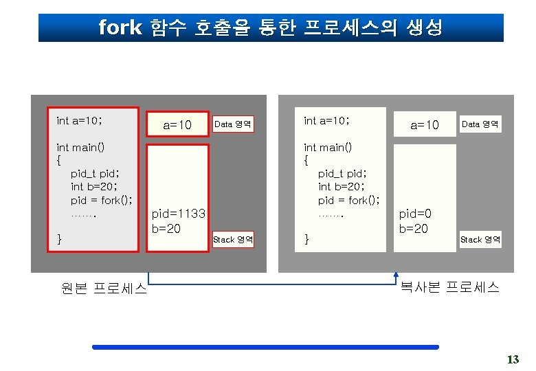 fork 함수 호출을 통한 프로세스의 생성 int a=10; int main() { pid_t pid; int