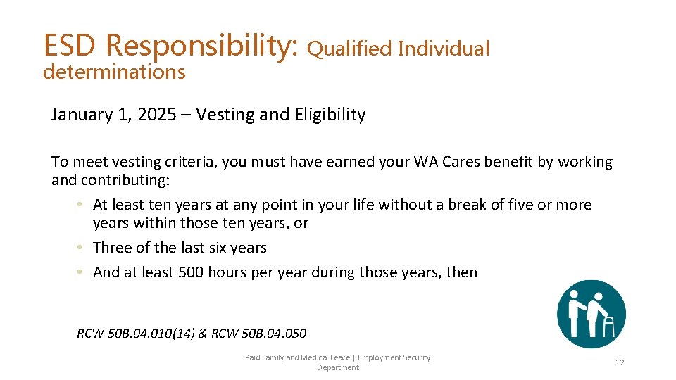 ESD Responsibility: determinations Qualified Individual January 1, 2025 – Vesting and Eligibility To meet