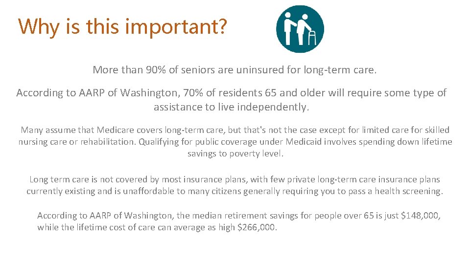 Why is this important? More than 90% of seniors are uninsured for long-term care.