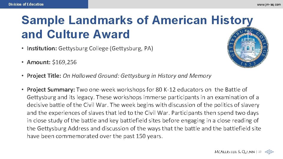 Division of Education www. jm-aq. com Sample Landmarks of American History and Culture Award