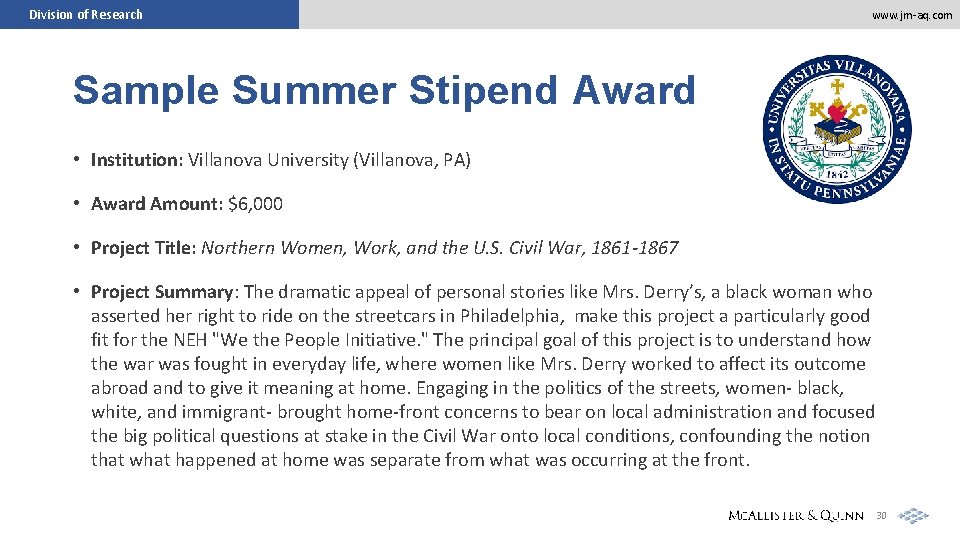 Division of Research www. jm-aq. com Sample Summer Stipend Award • Institution: Villanova University