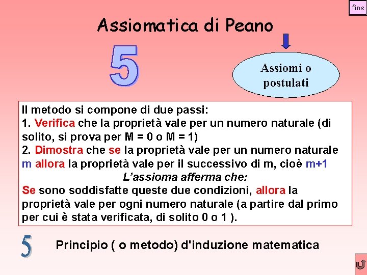 Assiomatica di Peano Assiomi o postulati Il metodo si compone di due passi: 1.