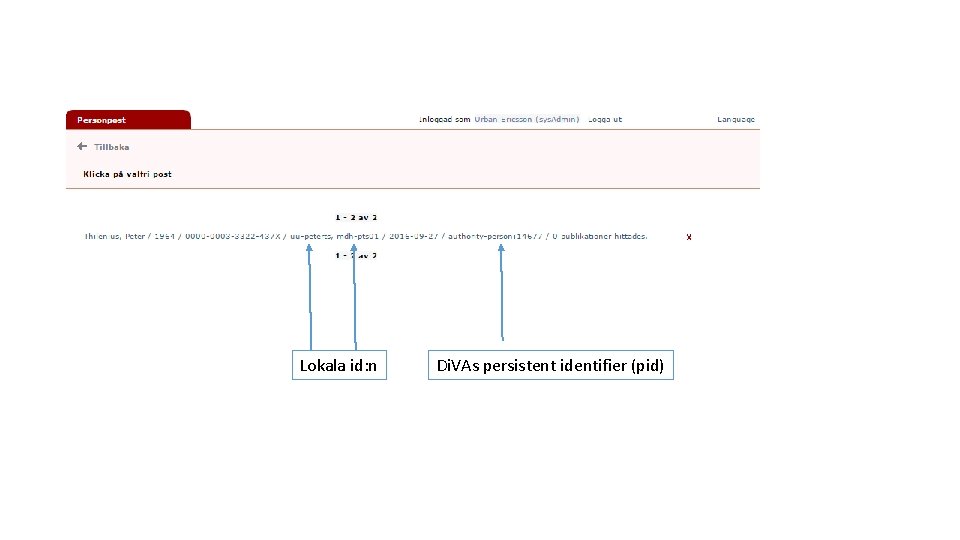 Lokala id: n Di. VAs persistent identifier (pid) 