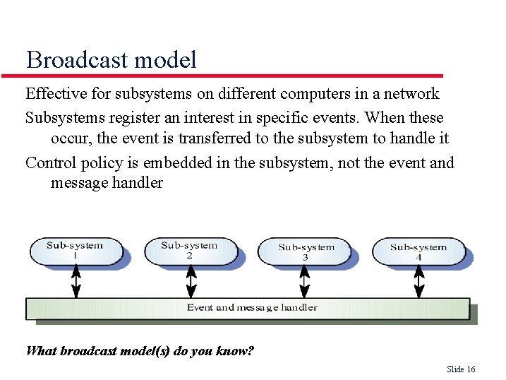 Broadcast model Effective for subsystems on different computers in a network Subsystems register an