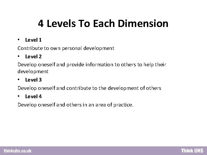 4 Levels To Each Dimension • Level 1 Contribute to own personal development •