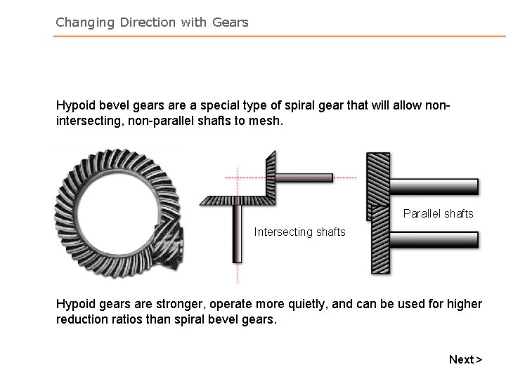 Changing Direction with Gears Hypoid bevel gears are a special type of spiral gear Changing Direction with Gears Hypoid bevel gears are a special type of spiral gear