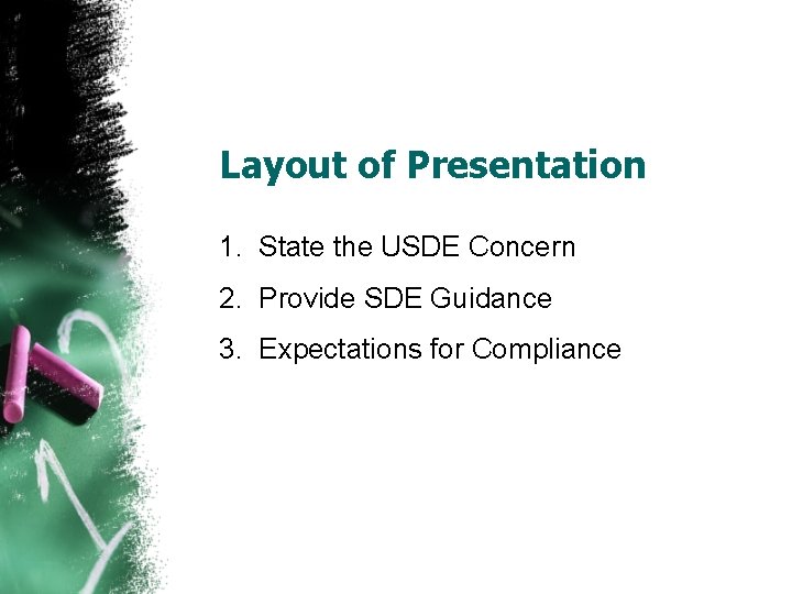 Layout of Presentation 1. State the USDE Concern 2. Provide SDE Guidance 3. Expectations