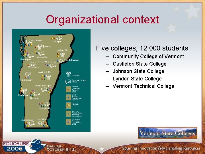 Organizational context Five colleges, 12, 000 students – – – Community College of Vermont