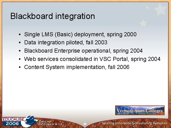 Blackboard integration • • • Single LMS (Basic) deployment, spring 2000 Data integration piloted,