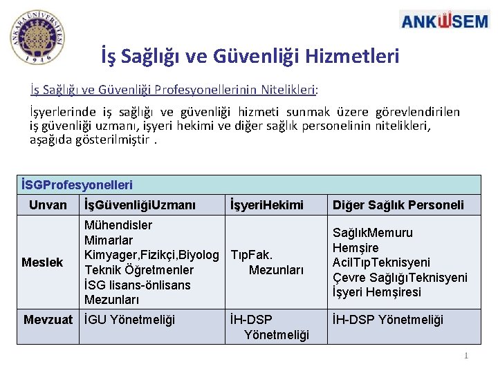 İş Sağlığı ve Güvenliği Hizmetleri İş Sağlığı ve Güvenliği Profesyonellerinin Nitelikleri: İşyerlerinde iş sağlığı