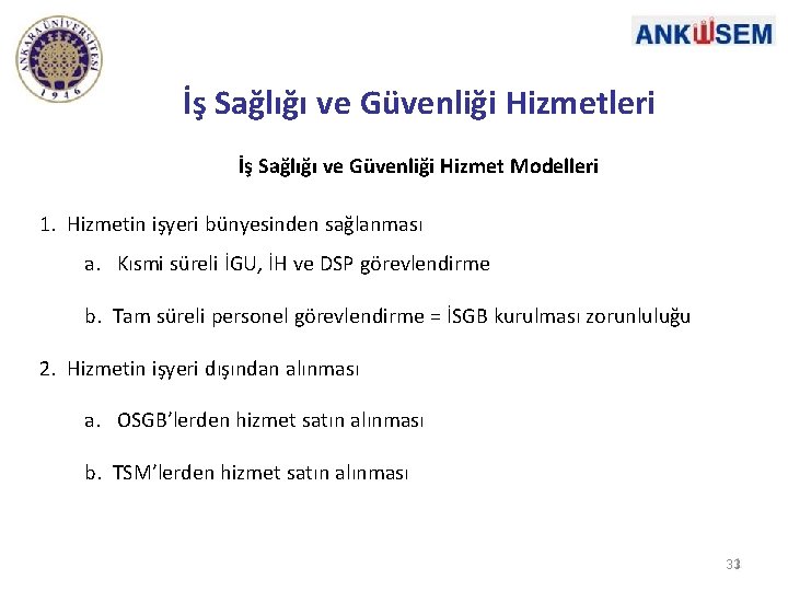 İş Sağlığı ve Güvenliği Hizmetleri İş Sağlığı ve Güvenliği Hizmet Modelleri 1. Hizmetin işyeri