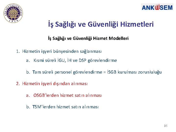 İş Sağlığı ve Güvenliği Hizmetleri İş Sağlığı ve Güvenliği Hizmet Modelleri 1. Hizmetin işyeri