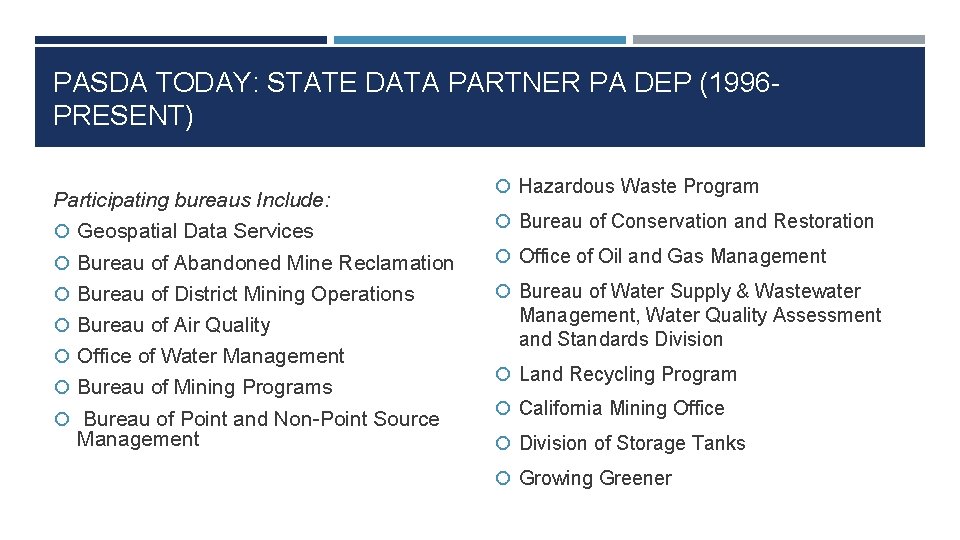 PASDA TODAY: STATE DATA PARTNER PA DEP (1996 PRESENT) Participating bureaus Include: Geospatial Data