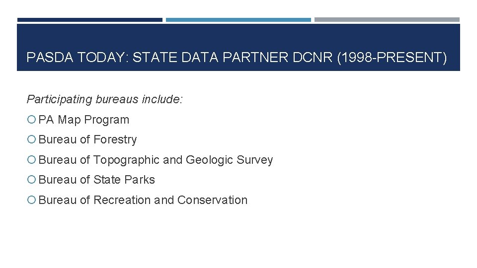 PASDA TODAY: STATE DATA PARTNER DCNR (1998 -PRESENT) Participating bureaus include: PA Map Program