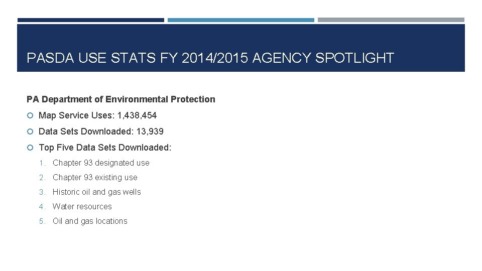 PASDA USE STATS FY 2014/2015 AGENCY SPOTLIGHT PA Department of Environmental Protection Map Service