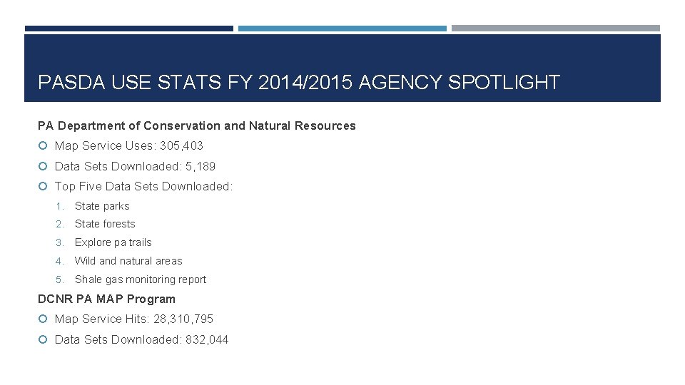 PASDA USE STATS FY 2014/2015 AGENCY SPOTLIGHT PA Department of Conservation and Natural Resources