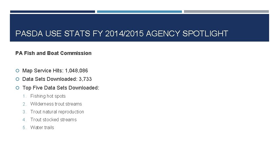 PASDA USE STATS FY 2014/2015 AGENCY SPOTLIGHT PA Fish and Boat Commission Map Service