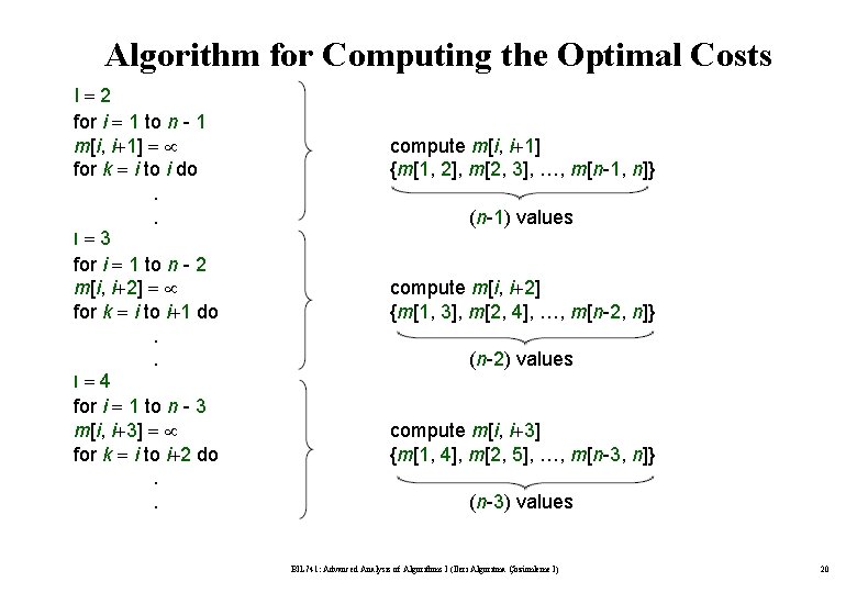 Algorithm for Computing the Optimal Costs l=2 for i = 1 to n -