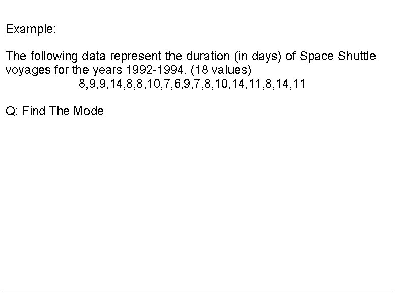 Example: The following data represent the duration (in days) of Space Shuttle voyages for