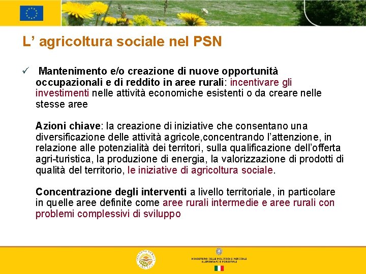 L’ agricoltura sociale nel PSN ü Mantenimento e/o creazione di nuove opportunità occupazionali e