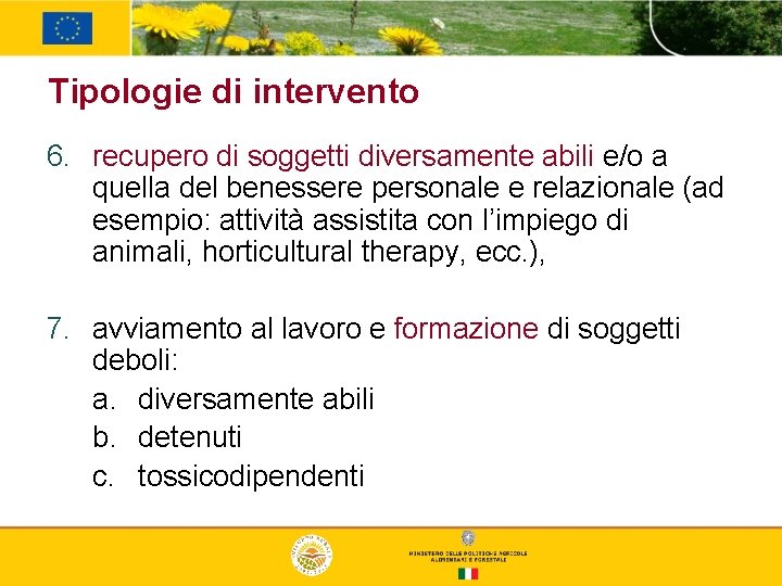 Tipologie di intervento 6. recupero di soggetti diversamente abili e/o a quella del benessere