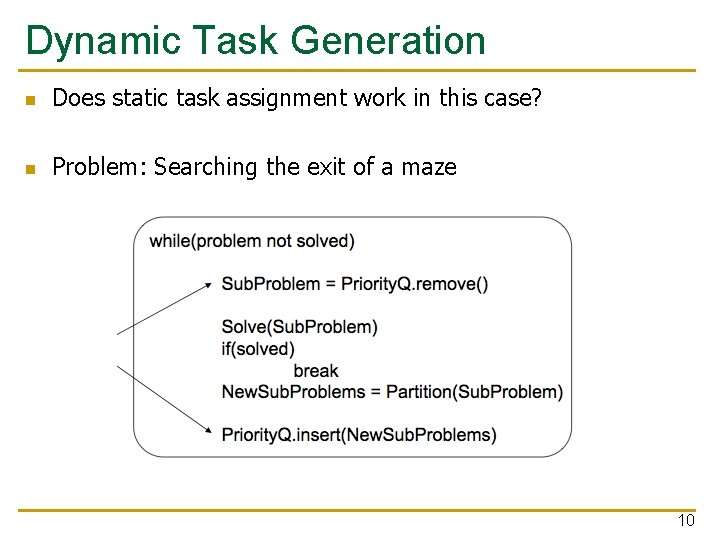 Dynamic Task Generation n Does static task assignment work in this case? n Problem: