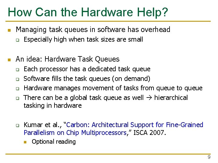 How Can the Hardware Help? n Managing task queues in software has overhead q