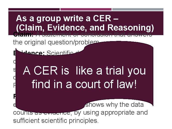 As a group write a CER – (Claim, Evidence, and Reasoning) Claim: A statement