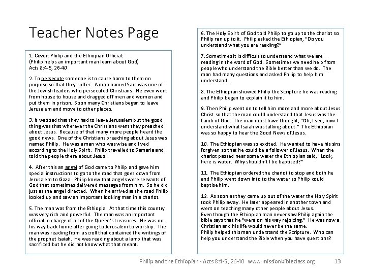 Teacher Notes Page 1. Cover: Philip and the Ethiopian Official: (Philip helps an important