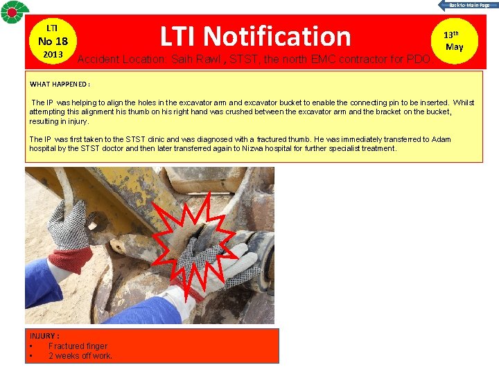 Back to Main Page LTI No 18 2013 LTI Notification Accident Location: Saih Rawl